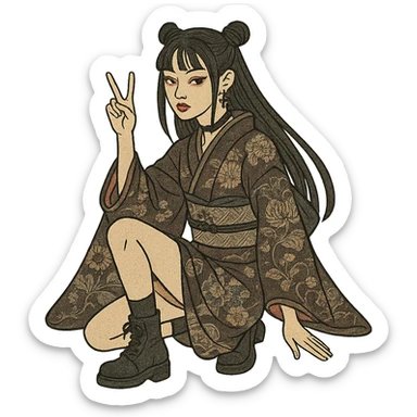 K-pop inspired gothic girl, ukiyo-e style, traditional Japanese print, gothic kimono, K-pop idol pose sticker