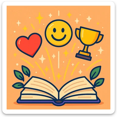 open book with sparkles and leaves transforming into icons of health, happiness, and success, inspiring style sticker