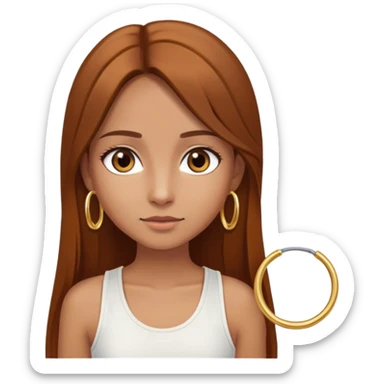 Tan-skinned girl, long straight chestnut hair center-part, big brown eyes, gold hoops, white tank sticker