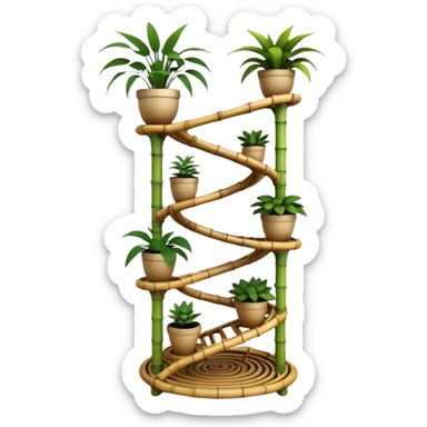 Large alien-futuristic multi-tier multi-level curved spiral step plant rack constructed from 7/8ths of an inch thin bamboo poles  sticker