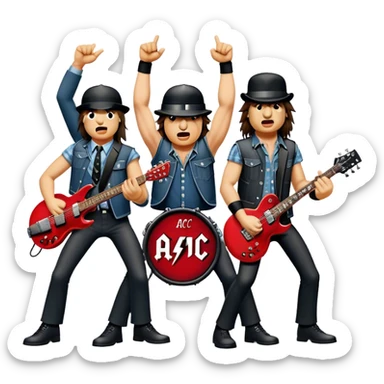 Cinematic Realistic AC/DC Band Emoji, depicted as a high-energy rock ensemble with electrifying stage presence and gritty textures, rendered with bold vibrant lighting that captures the raw power and rebellious spirit of their music. sticker