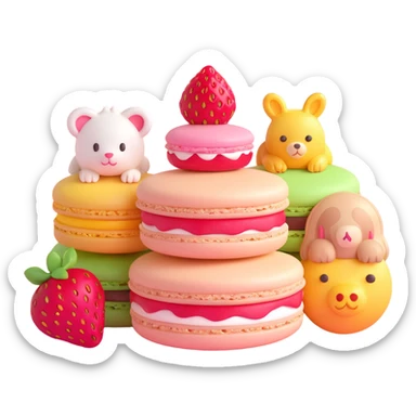 A 3D iOS style emoji of a pink macaron with a strawberry on top and three cute animals peeking out from between the layers. The macaron should have a glossy finish and soft shadows, with a light beige background and small yellow stars scattered around. sticker