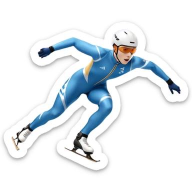 An icon showing a speed skater in a dynamic pose racing on a professional ice track, dressed in an aerodynamic suit. The scene includes a stadium with cheering crowds, icy reflections, and a snowy mountain backdrop. Transparent background captures the speed and intensity of the sport. sticker