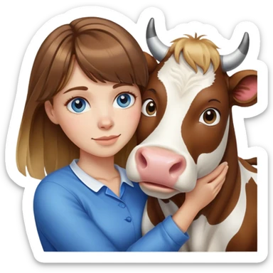 Woman with brown hair and blonde highlights, bangs in front, blue eyes, hugging a cow sticker