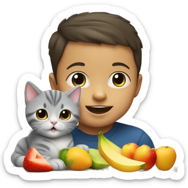 Bold baby boy eating fruits with a british shorthair cat sticker