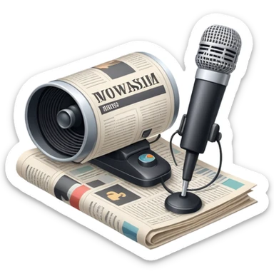 An icon featuring a microphone, a newspaper, a reporter’s camera, and soundwaves, representing journalism and mass media. The design includes headlines and imagery, symbolizing the spread of news and information. Transparent background highlights the power of communication and media. sticker