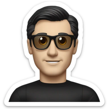 small photo realistic left arm waving Ralf Hutter from Kraftwerk, short straight black hair, Dark Brown eyes, black glasses, thin, black shirt, beside black Tesla, right side view sticker
