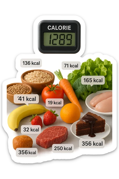 a digital calorie counter hovers above a variety of foods arranged on a table—fruits, vegetables, grains, meats, and desserts. Each food has a floating label showing its calorie content. The background is clean and modern, emphasizing the educational aspect of calorie awareness. scritto in italiano sticker