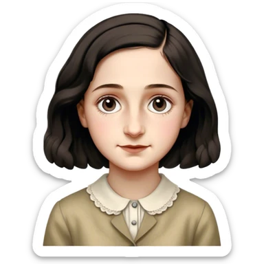 Anne Frank – Cinematic Realistic Portrait of Anne Frank, depicted with a reflective, gentle expression in period clothing, her eyes conveying hope and resilience, rendered with soft, natural lighting and delicate textures that capture the poignancy of her legacy. sticker