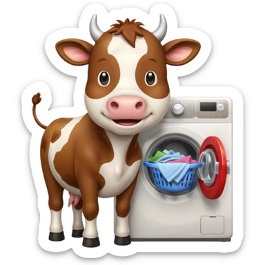 cartoon cow loading laundry into a washing machine sticker