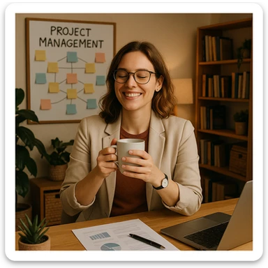 a relaxed and happy female project manager holding a coffee cup in a cozy office setting sticker