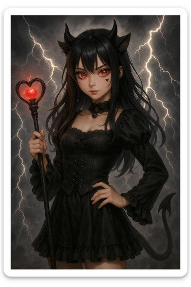 realistic anime style devil catgirl with black horns, glowing red eyes, gothic outfit, magical staff, lightning background, heart tattoo under eye, confident pose sticker