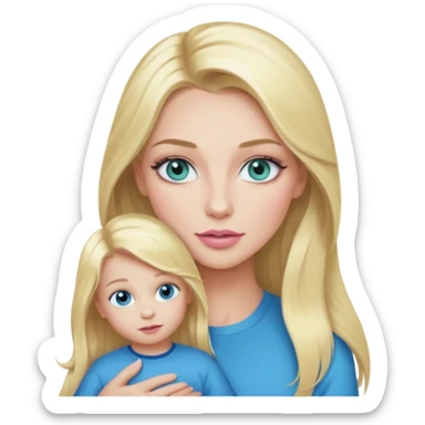 Blonde baddie with long hair Pretty makeup long lashes blue-green eyes ,   light pink lips ,holding 1 little Boy, with blue eyes sticker
