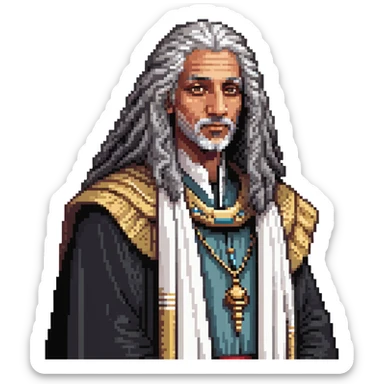 profile portrait of an Egyptian historian with long curly grey hair, wearing an Egyptian cloak, large aquiline nose sticker