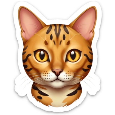 Cinematic Bengal Cat Portrait Emoji, Elegant and striking, sleek spotted brown and gold tones, Simplified yet sharp features, highly detailed, glowing with a warm, confident glow, high shine, playful and curious, stylized with an air of grace, focused and attentive, soft glowing outline, capturing the essence of agility and confidence, so lifelike it feels as though it could spring into motion at any moment! sticker