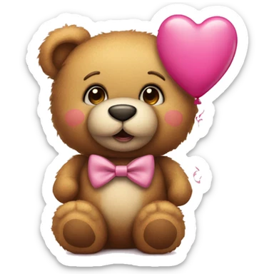 Cute teddy bear with a pink bow tie and a heart-shaped balloon sticker