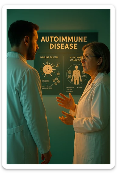 Realistic, detailed photo taken from behind of two doctors—a bearded man and a middle-aged woman—standing and facing each other as they discuss an autoimmune disease diagnosis in front of a medical chart that displays information about the immune system and autoimmune conditions. The scene is illuminated by a yellowish, orange, warm light that softly envelops the doctors. The entire room is bathed in a single green-blue color, creating a cohesive and modern atmosphere. Both doctors wear white coats, and their body language suggests a serious, professional conversation about the complexities of autoimmune diseases. Shot with a Canon EOS R5, with high detail and natural depth of field. in italiano sticker
