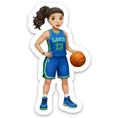 full body plus size light skin latino women basketball player with wavy dark hair in pony tail wide nose wearing blue uniform with green accent sticker