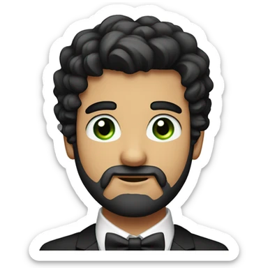 Young round face handsome man with bow tie and green eyes and full beard, black hair , bushy eye brows sticker