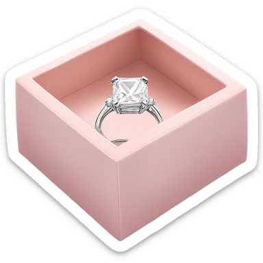 a luxurious all-white diamond ring placed inside an open, elegant square light pink box, shown from a side view. Use bold outlines, a glossy finish sticker