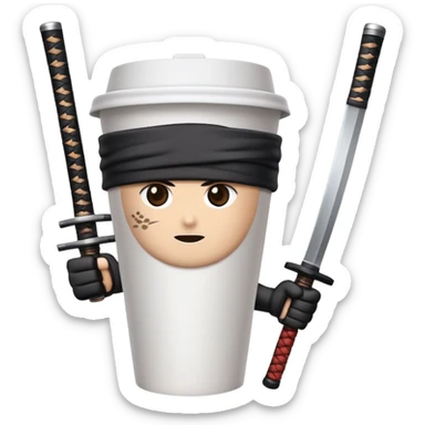 A paper coffee cup with arms and eyes, wearing a black ninja headband and wielding a samurai katana sticker