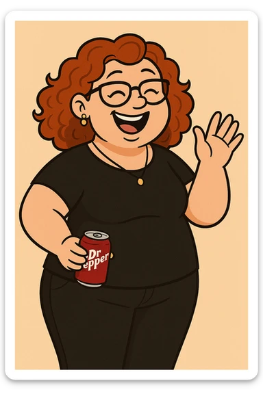 Add jewelry including earrings and a necklace, dress her in black clothes, and put a Dr Pepper soda in her hand. Keep her fun and approachable in the style of the original image. sticker