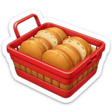 bread basket emoji top view almost empty except one crumb, small red battery icon (5% charge) in upper right corner, bold outlines, flat color palette, gentle gradients, emoji style sticker