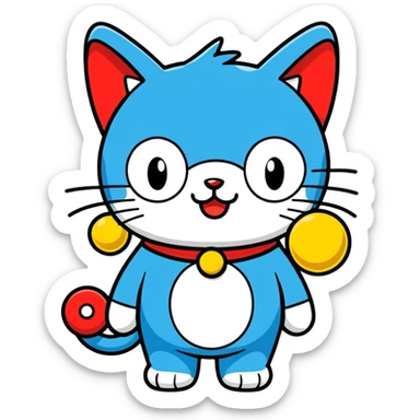 Doraemon, blue robotic cat with red nose and bell sticker