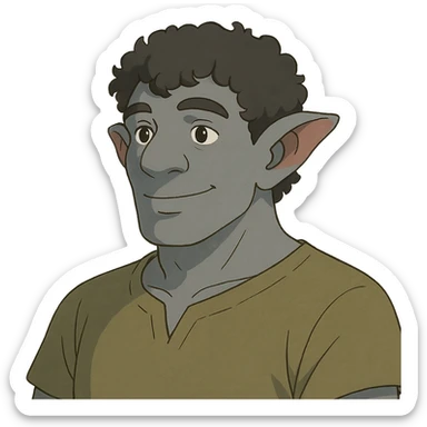 firbolg from DnD with gray skin, black curly hair, clean-shaven face, no beard in ghibli style sticker
