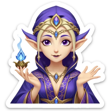 Cinematic Realistic WoW Elf Mage Portrait, head tilted dramatically with an exaggeratedly amused expression, blending timeless arcane wisdom with a touch of unexpected playfulness. Her luminous, porcelain-like skin and delicate features, complemented by an intricately detailed robe in deep blues and purples with golden filigree, are rendered with lifelike texture and dynamic magical lighting, high shine, dramatic yet whimsical, capturing the essence of an elven mage whose epic mastery is tinged with charming irreverence. sticker