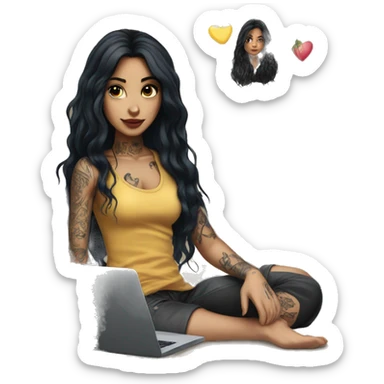 beautiful girl with long black hair, with laptop, with tattoos  sticker