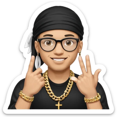 lightskin man with a black durag,a cuban link chain,glasses, and smiling flexing grills with crossed arms but with one arm up and pinky finger touching grills  sticker
