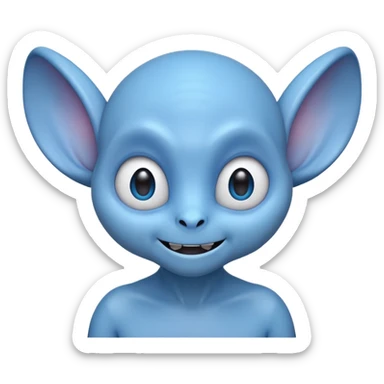 friendly but wild blue alien emoji with big floppy ears, sharp teeth, wide eyes, mischievous smile, 3D Apple/WhatsApp style, round head, soft shading, bold outlines sticker