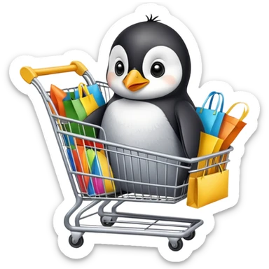 cute baby penguin sitting in a shopping cart filled with shopping items and colorful shopping bags sticker
