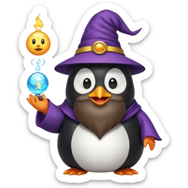 chubby penguin wizard with a long beard holding a glowing orb, emoji style sticker