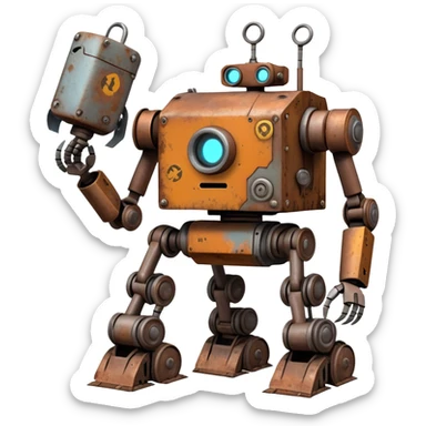 Rusted scavenger robot with patchwork body plates and collection tools attached sticker