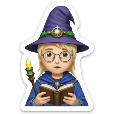 ["A sad boy with light skin, straight hair, wearing a wizard hat and round glasses, dressed in punk fashion, is reading a book while holding a phone."] sticker