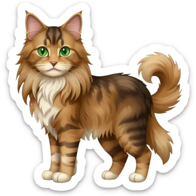 A light brown and black long haired Maine coon cat with green eyes with a chibi full body sticker