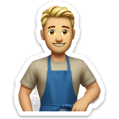 Handsome strong white man in kitchen with apron sticker