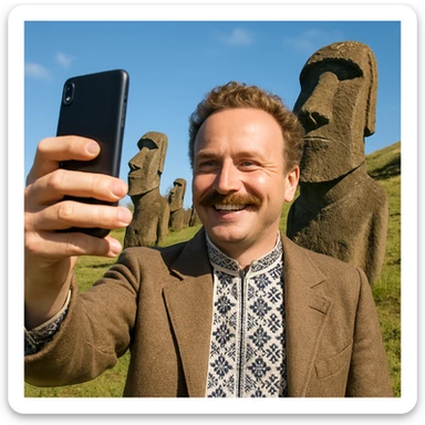 taks a selfie in front of statues on Easter Island sticker