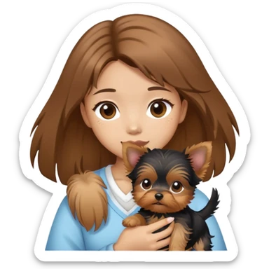 a brown-haired asian girl with a yorkie puppy sticker