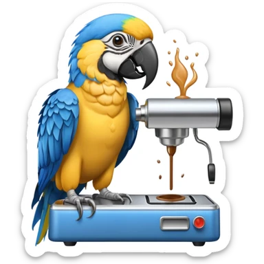 yellow and blue macaw using a espesso machine sticker
