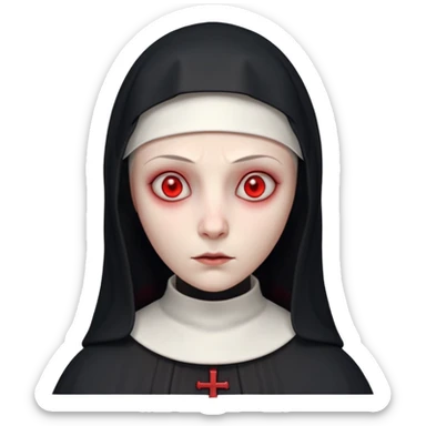 cursed village nun portrait, head and shoulders only, dark hood, mysterious expression, red accents, eerie glow, 3D cartoon, mobile game icon style, clean background, no text, no watermark

 sticker