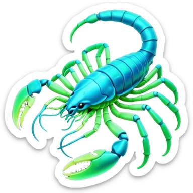 3D render of Radioactive Scorpion, bioluminescent deep sea style, glowing neon blue and green lights, dark background to contrast the glow, translucent organic textures. sticker