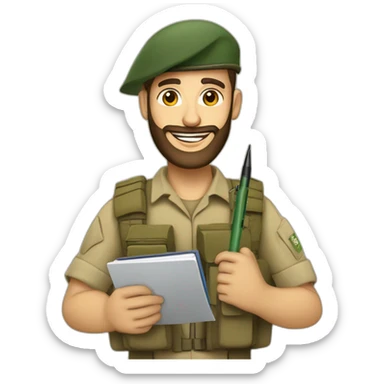pale brown bearded israeli flag IDF soldier happy holding notebook and pen and stationary sticker