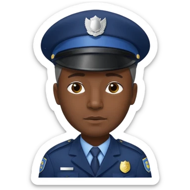 A dark-skinned man wearing a navy police hat with a silver badge, facing forward with a neutral expression. sticker