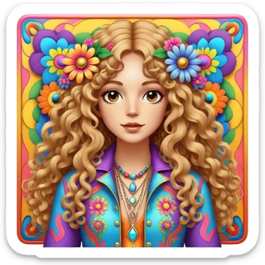 Create a 3D ultra detailed psychedelic colored square hippie style flower border with a gorgeous hippie in the center with long curly hair, bell bottoms, and a fringed jacket sticker