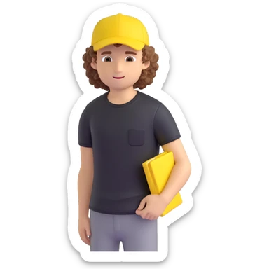 create a character, cute guy, curly, in a black t-shirt and a yellow cap, in 3d sticker
