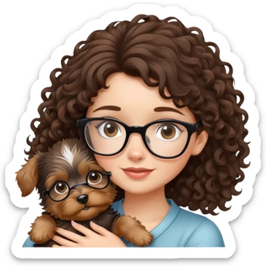 Brunette girl with glasses and curly hair embracing a yorkshire terrier puppy sticker