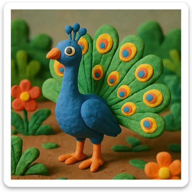 peacock standing in a garden, playful and vibrant, textured look, claymation style sticker
